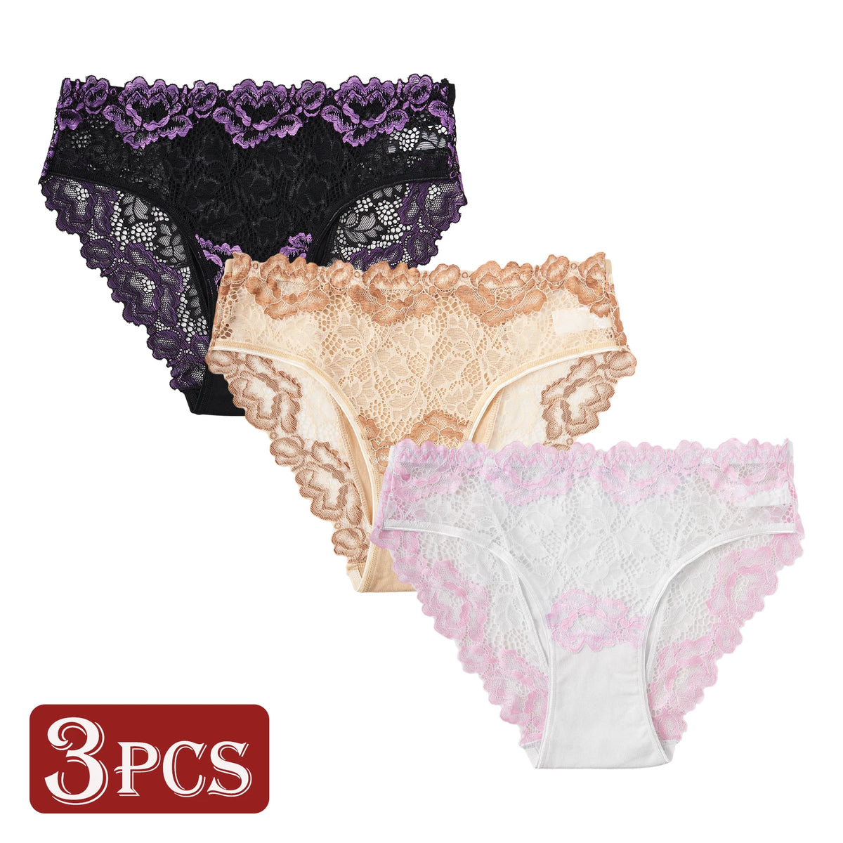 3PCS Semi-Sheer Contrast Lace Floral Sexy Women's Panties New Comfortable Cotton Underwear Solid Color Briefs Everyday Lingerie