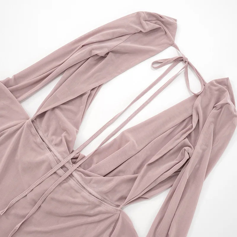 BKLD Solid Color 2026 New Women's Clothing Mesh Swinging Collar Long Sleeve Open Back A-line Short Dresses Party Clubwear