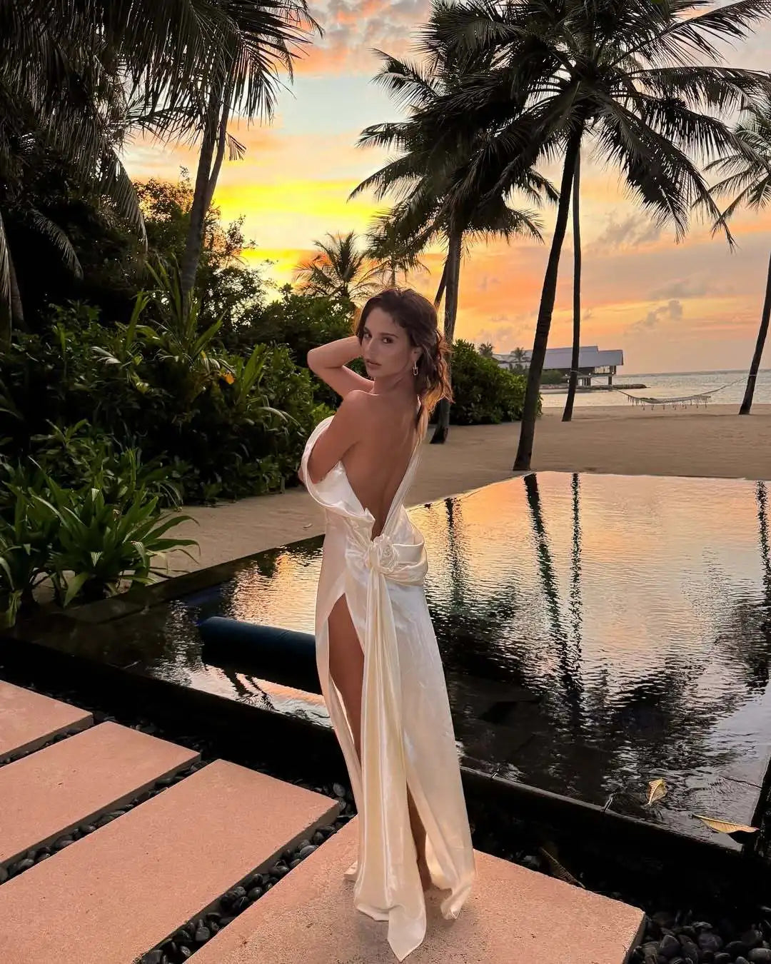 Elegant Satin Backless Spliced Floral Evening Gowns For Women Chic Sleeveless High Slit Slim Dresses Summer Holiday Party Dress