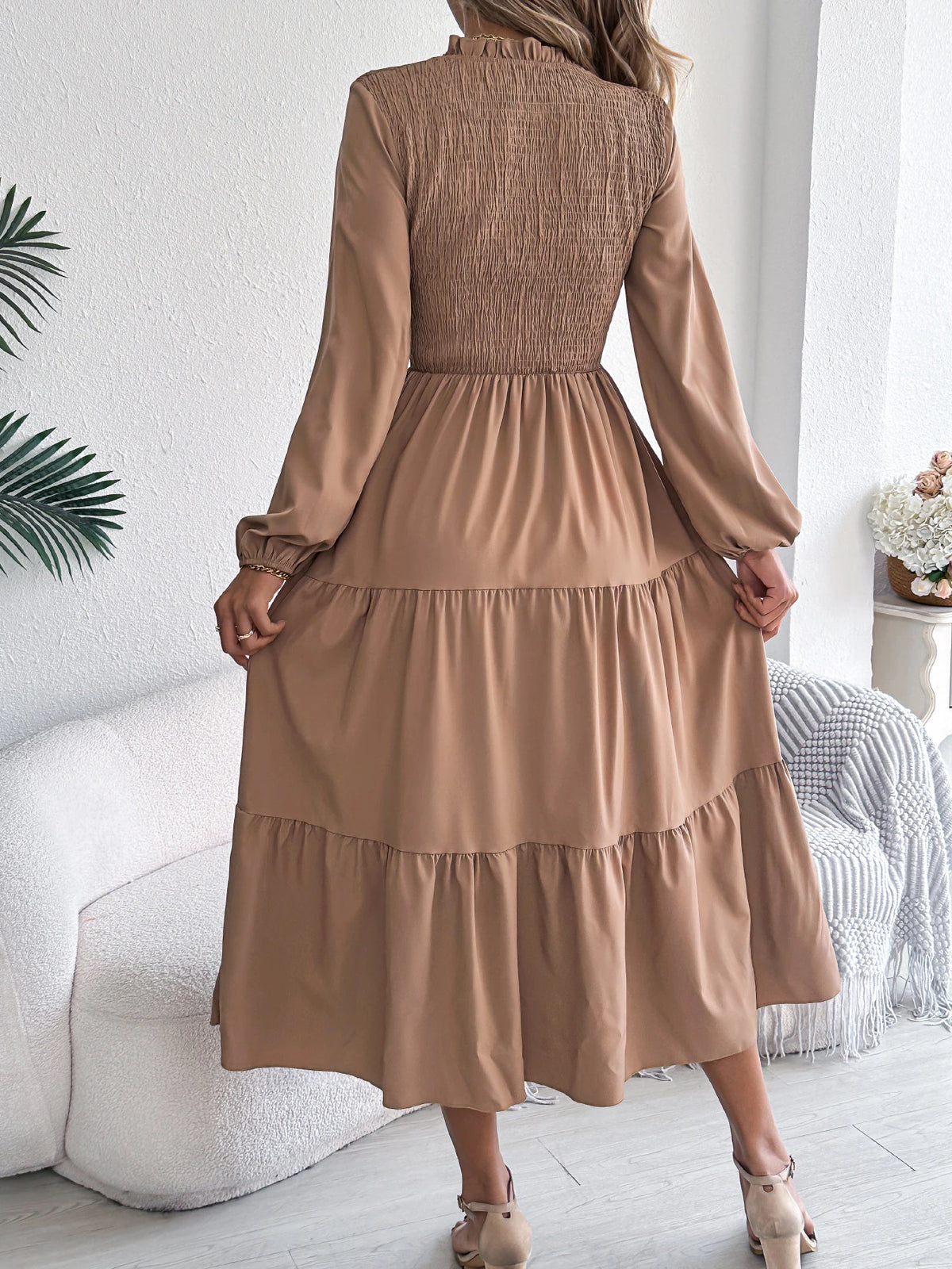 Autumn Winter Elegant Dress for Women Solid Color Round Neck Lantern Long Sleeve Ruffled Dresses Khaki Green Red Woman Clothing