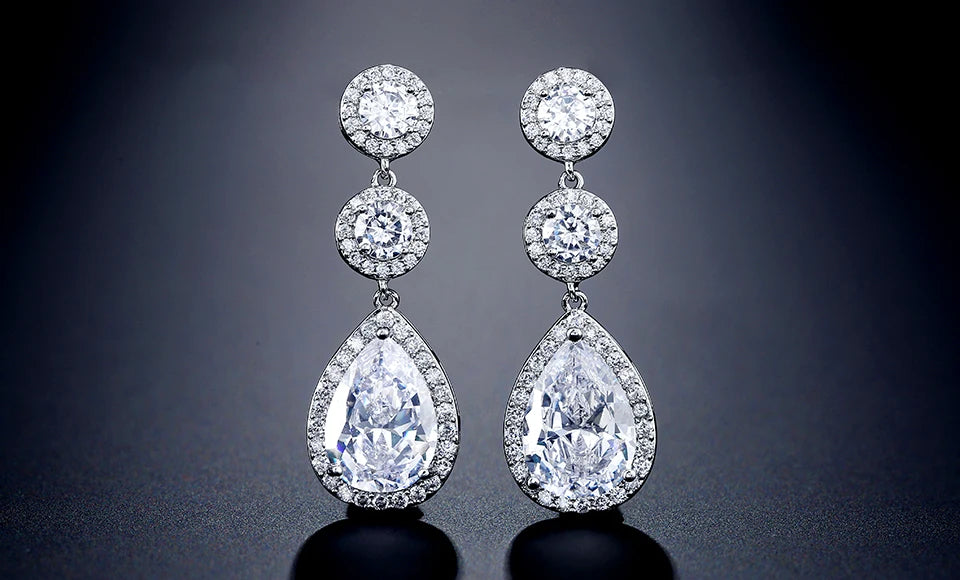 ZAKOL Luxury Zircon Wedding Long Dangle Earrings Round Water Drop AAA CZ Bridal Wedding Jewelry for Women