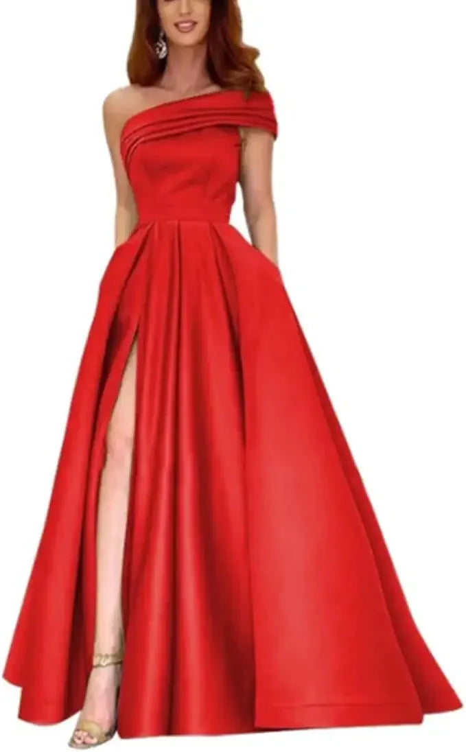 BKLD Solid Color Fashion One Shoulder Satin Dress Birthday Party Fluffy Dress 2026 Autumn Women Clothing Green Split Sexy Dress