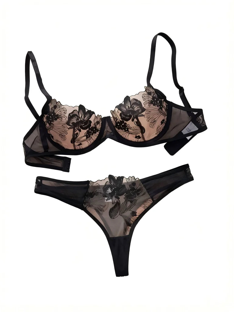 Elegant Black Sexy Nighty Underwire Bra Underwear Set Party Club Night Women Chef Ultrathin Underwear set