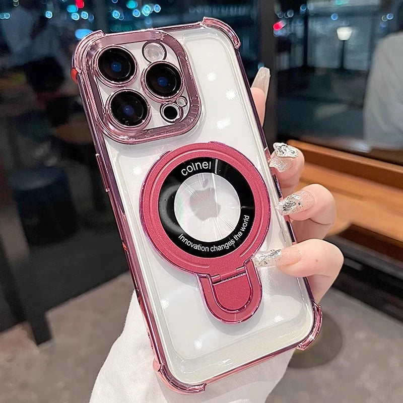 Luxury Plating Magnetic Bracket for Magsafe Clear Case for iPhone 17 16 15 Pro Max 11 12 13 14 Holder Stand Shockproof Cover