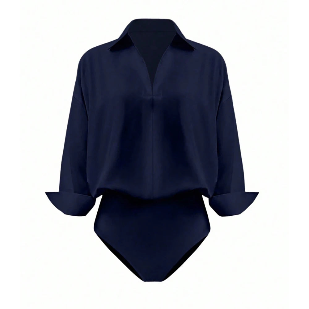 Women Shirt Bodysuit Oversized Boyfriend Half Sleeve Blouse Deep V Collar Bodysuit Shirts Elegant Office Lady Jumpsuit Top