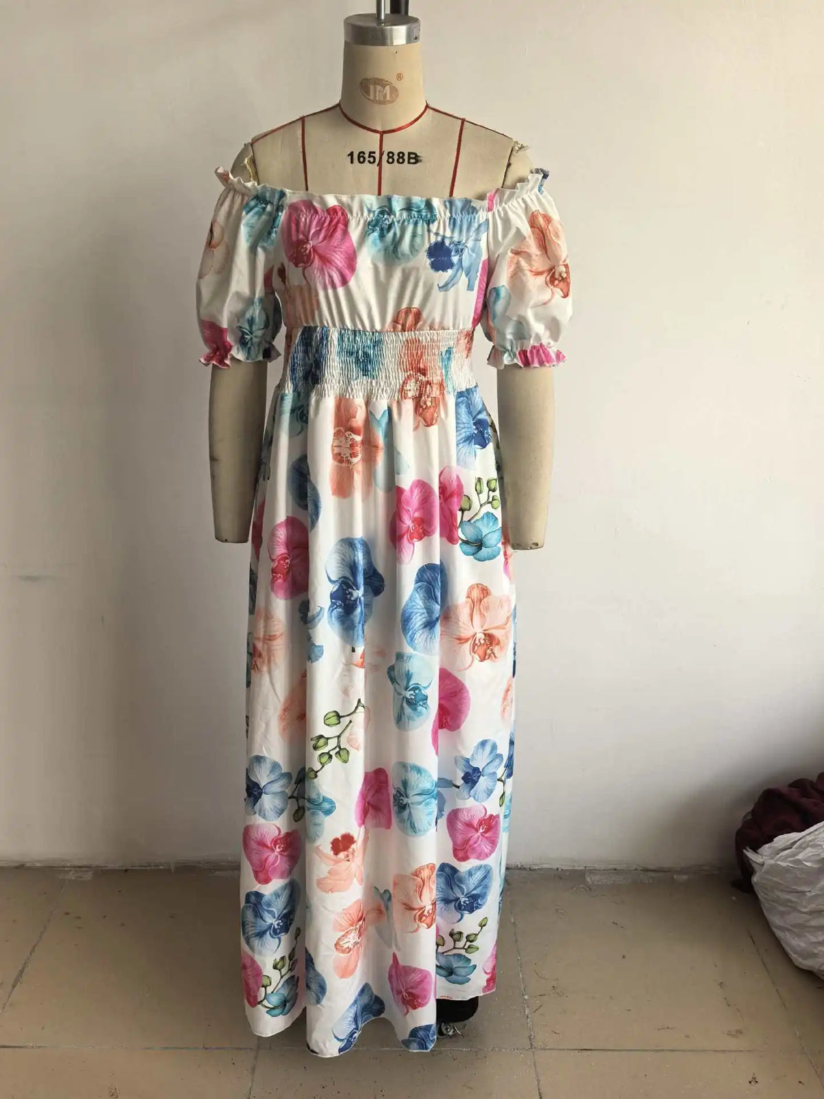 BKLD Women Clothing Summer Floral Print Dress Short Sleeve Square Collar Beach Holiday Outfits Waist Ruched Long Dresses Party