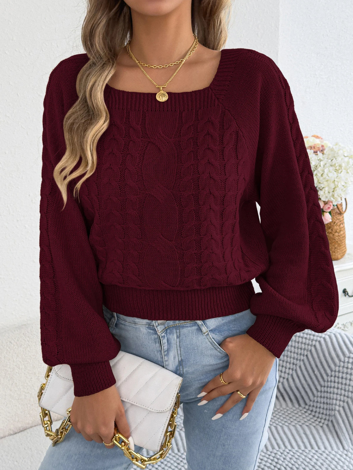2026 Fashion Woman Sweaters for Autumn Winter Solid Color Square Neck Lantern Long Sleeve Twist Knitted Pullover Tops White Red