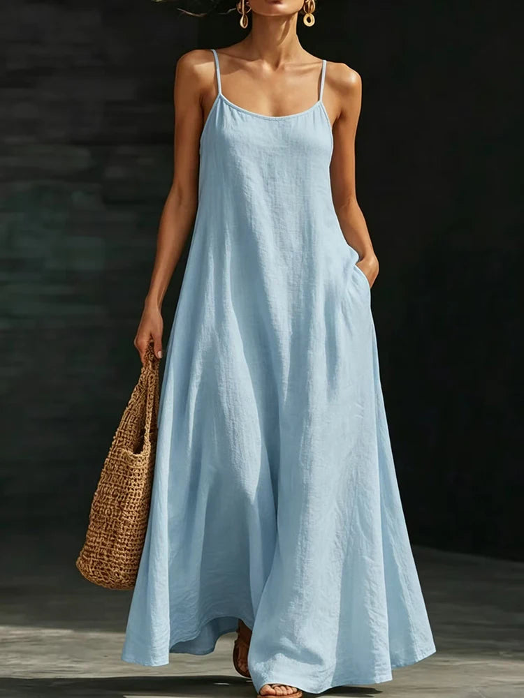 Women Linen Spaghetti Strap Maxi Dress V Neck Loose Swing Long Dress With Pockets Casual Summer Beach Vacation Sundress Ladies