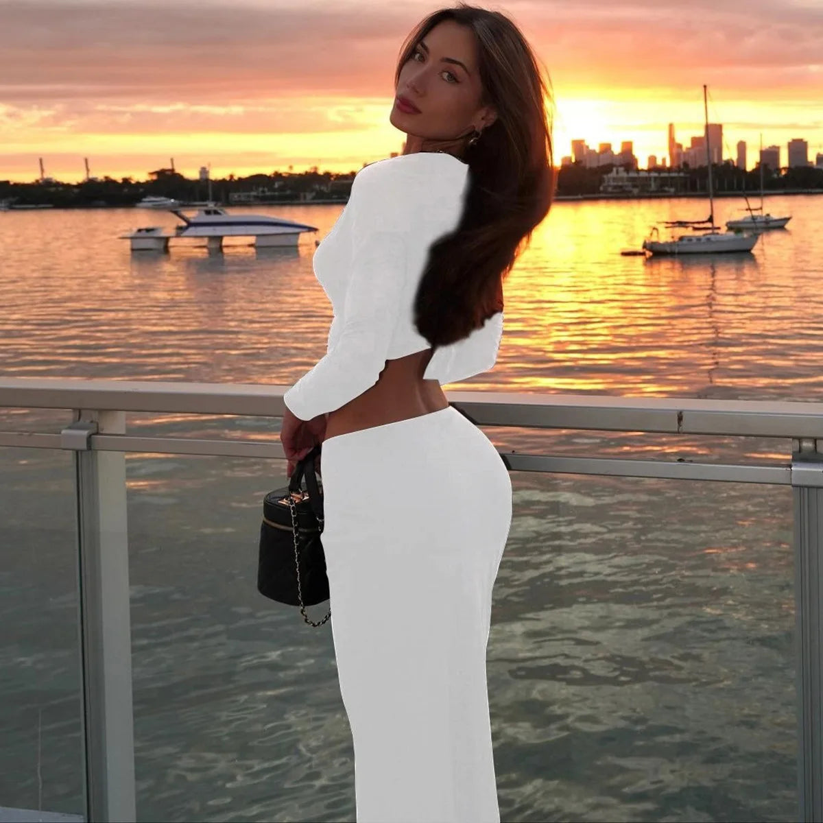 BKLD Women Clothing 2026 Autumn And Winter New Fashion Hollow Out Long Sleeve Crop Tops Slim Fit Skirt Set Two Piece Outfits