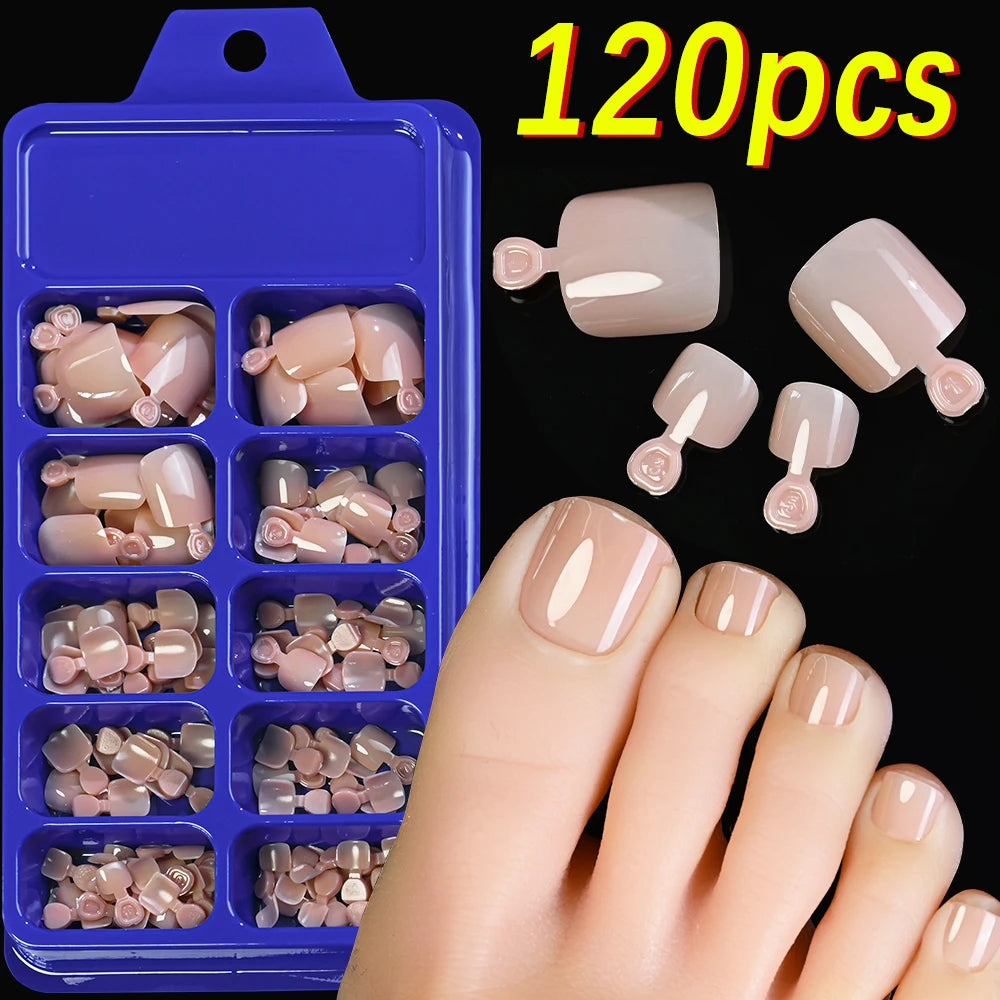 144/120Pcs Mixed Short Square False Toenails Acrylic Full Cover False Toe Nails Foot Nail Tips Extension Women Press on Toenails