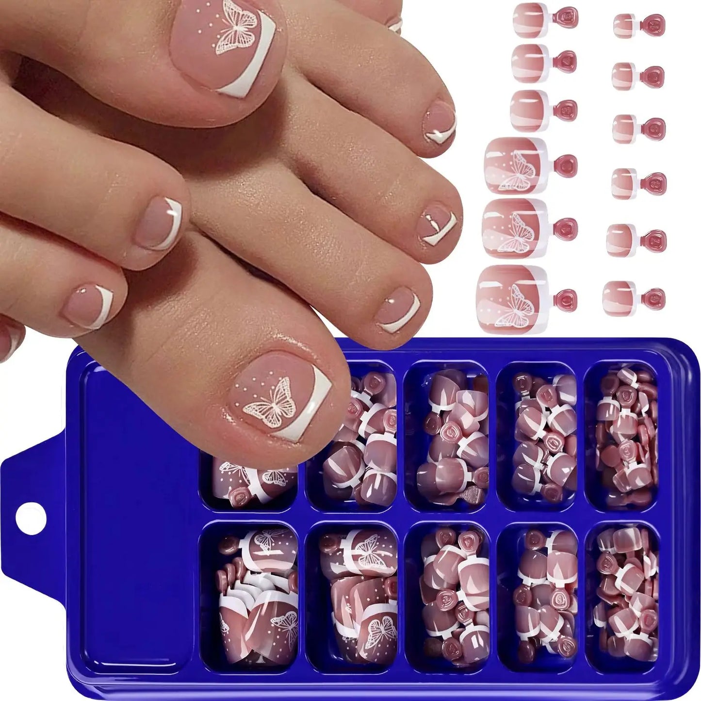 120Pcs Bronzing White Butterfly Design Fake Toenail Short Square Full Cover French False Toe Nails Summer Press On Toenails