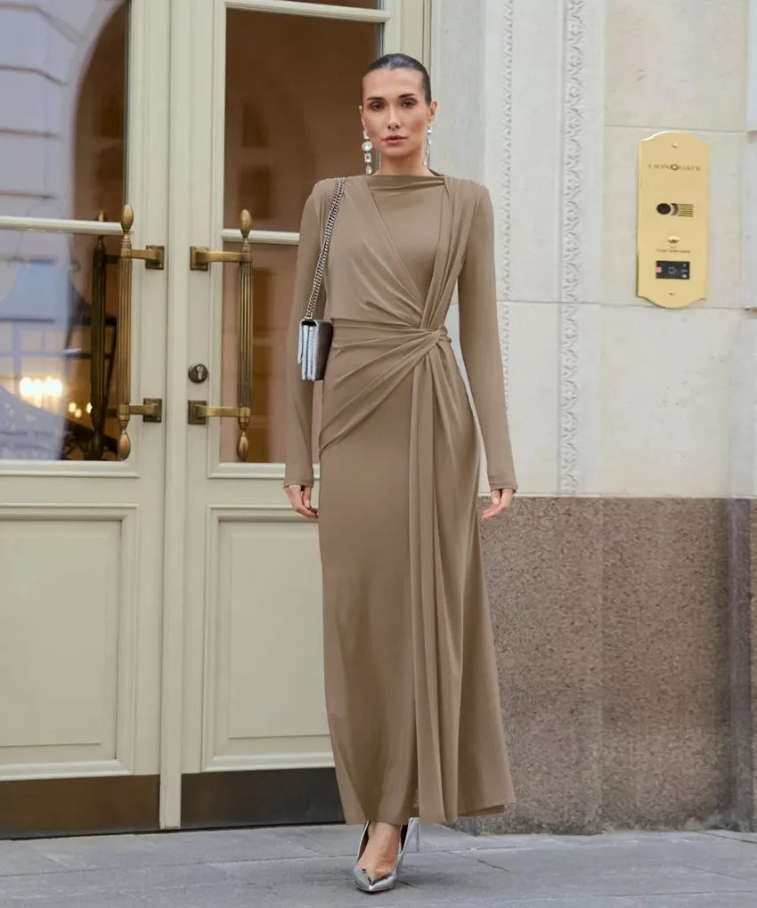 BKLD Fashion Autumn French Long Dresses Women Clothing Elegant High Waist Ruched Slimming Evening Dress Long Sleeve Solid Color