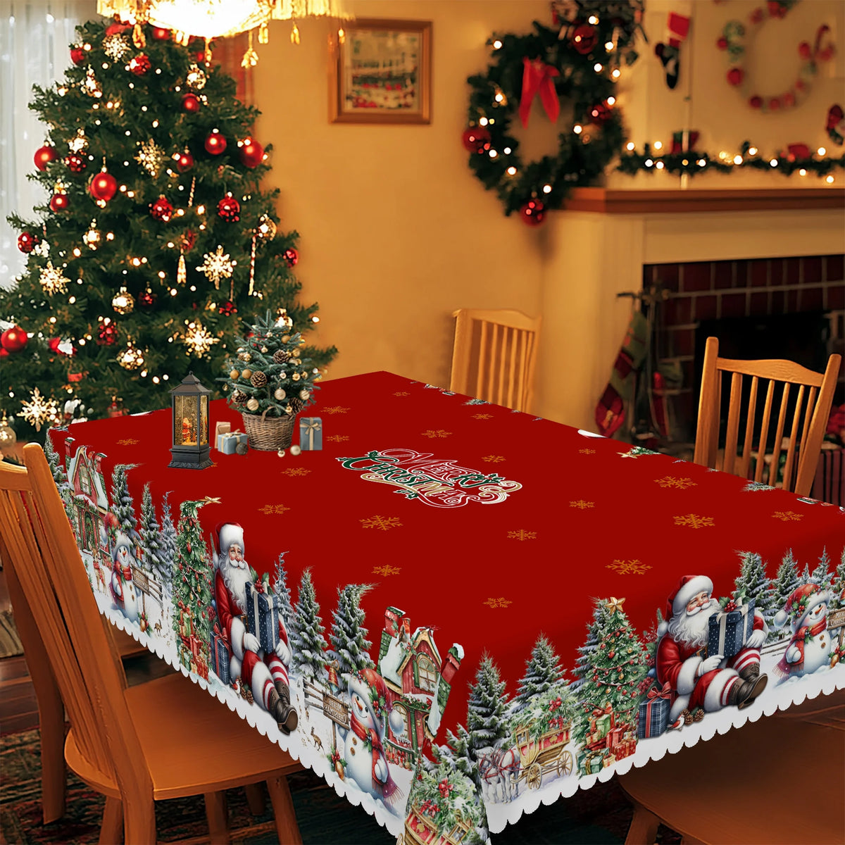 1pc Festive Santa, Snowman & Christmas Tree Tablecloth for Holiday Parties, Picnics, Cafes & Home Decor, Holiday Table Setting