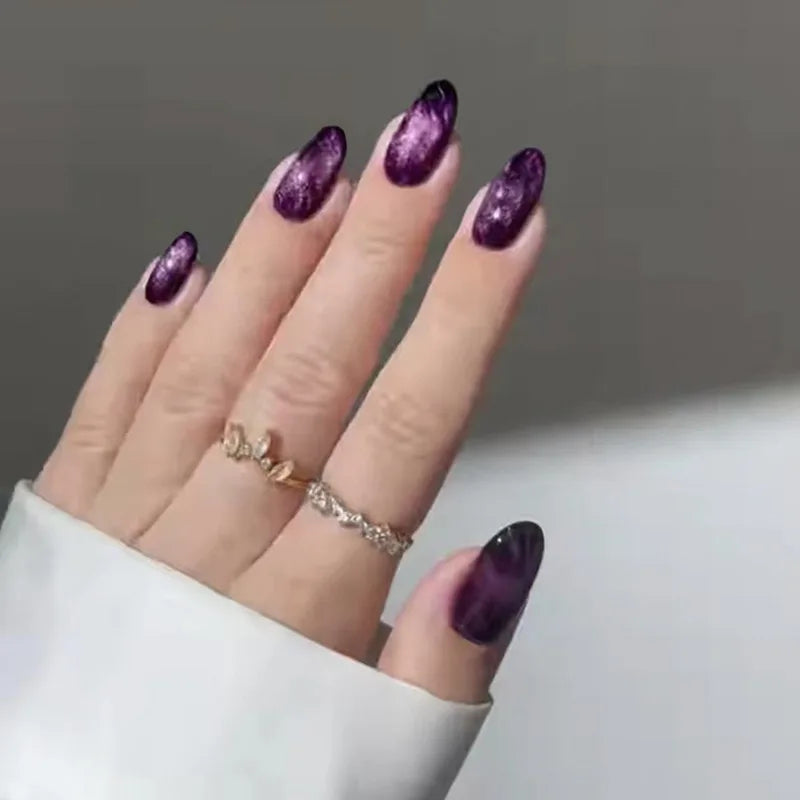 24Pcs Purple Flower Stiletto Round Head Press on Nails False Nails Almond Fake Nails French Wearable Full Cover Nail Tips