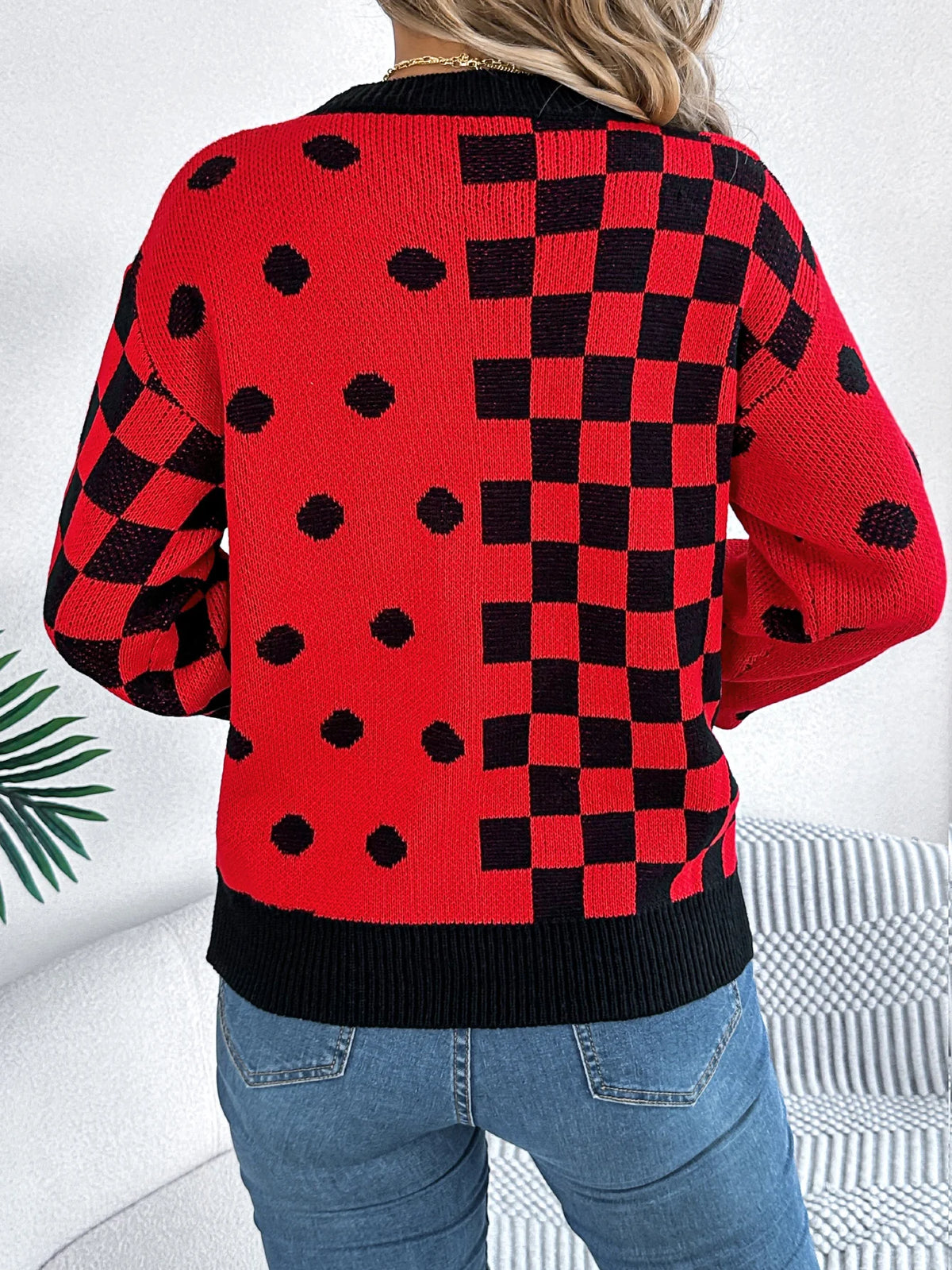  Autumn Winter Casual Contrasting Grid Dot Long Sleeve Knitted Pullover Fashion New Year and Christmas Sweater Women Clothes