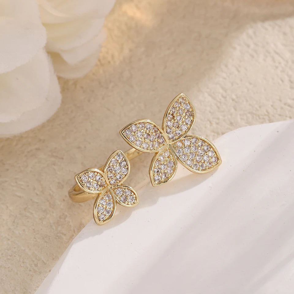 ZAKOL Luxury Sparkling Leaf Flower Micro-paved Zirconia Open Rings for Women Delicate Bridal Wedding Jewelry RP2034