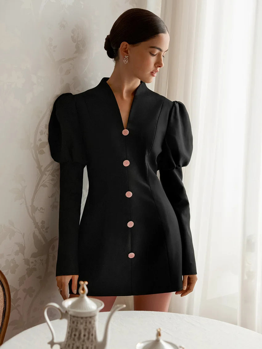 BKLD Hepburn Style Black A-Line Short Dresses Fashion Women's Clothing New V-Neck Puff Sleeve Single-Breasted Party Dress