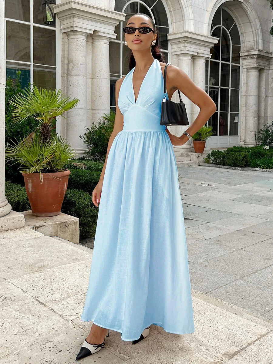 BKLD Pure Cotton Long Dresses 2026 Spring Summer High Waist V-Neck Lace-Up Maxi Dress Party Clubwear Solid Color Women Clothing