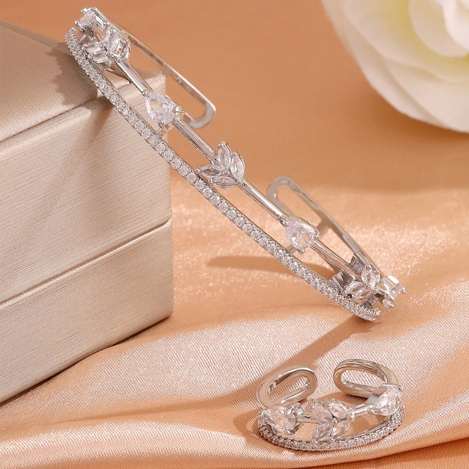 ZAKOL Women Fashion CZ Flower Leaf Open Cuff Bracelet Ring Set Cubic Zirconia Adjustable Bangle Ring Wedding Party Jewelry Set