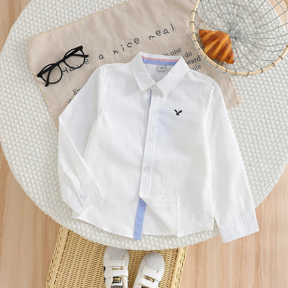 Boys' White Long Sleeve Shirt Embroidery Casual Cotton Button-Down Top for Kids 5-12 Years Old