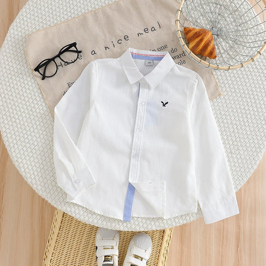 Boys' White Long Sleeve Shirt Embroidery Casual Cotton Button-Down Top for Kids 5-12 Years Old