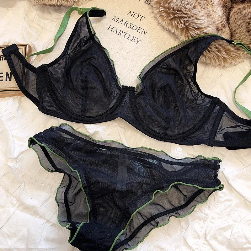Minimizer Bra Plus Size Underwire French Style Triangle Cup Push Up Mesh Sensual Lingerie Set Support 32-40 MOYISU Bra Set S-2XL