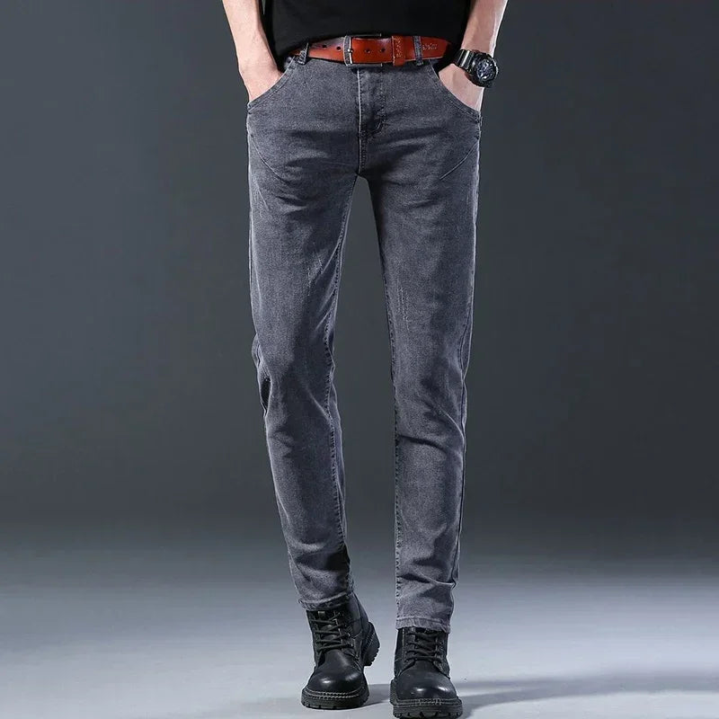 New Men Fashion Casual Business Denim Pants Male Slim Fit Straight Leg Trousers Stretch Solid Pants Size 27-38