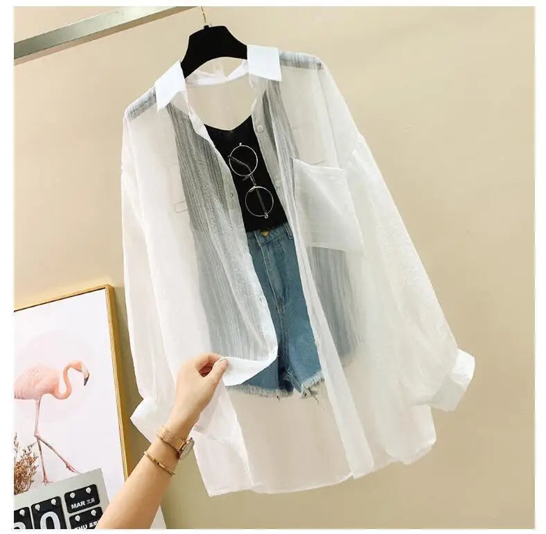 Summer Sunscreen Shirt Elegant Perspective Thin Chiffon Blouse Korean Harajuku See Through Loose Top Casual Women's Cardigan