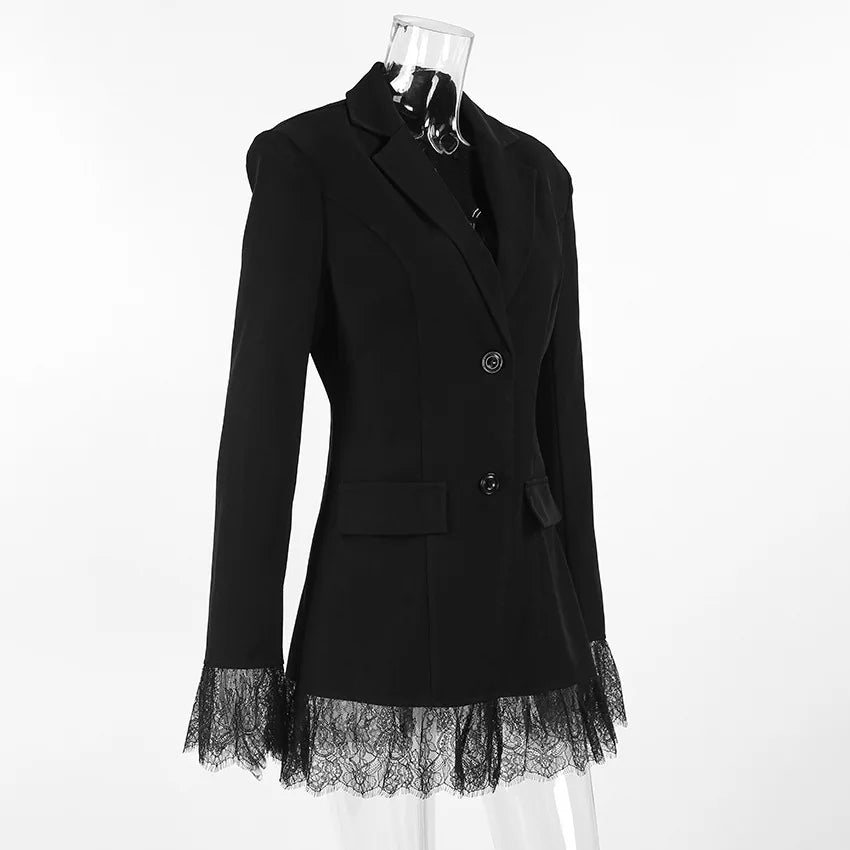 BKLD Black Blazer Dress Women Clothing 2026 Autumn Winter New Fashion Lace Patchwork Office Ladies Long Sleeve Short Dresses