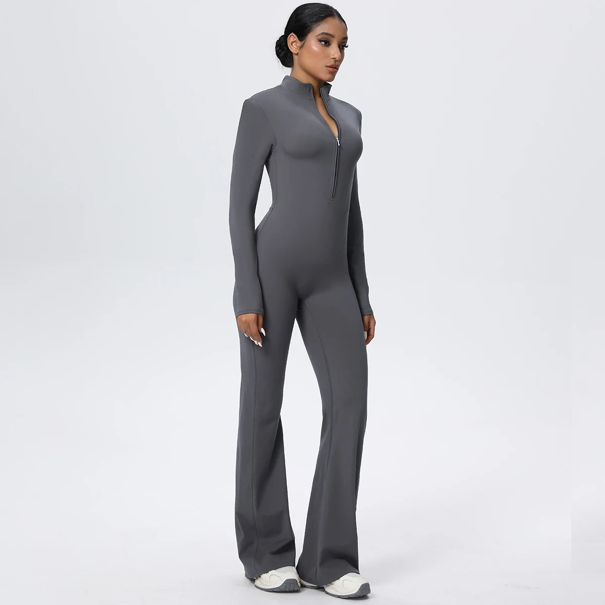Woman's Fitness Yoga Bodysuit Solid Color Yoga Zipper Long Sleeves Trousers Gym High Strength Exercise Sports Bodysuit Leggings