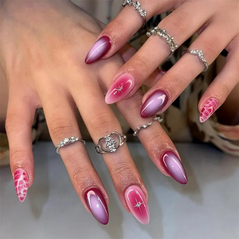 24Pcs Purple Heart Almond False Nails Artificial Simple with Glue French Wearable Fake Nails Full Cover Press on Nails Tips Art
