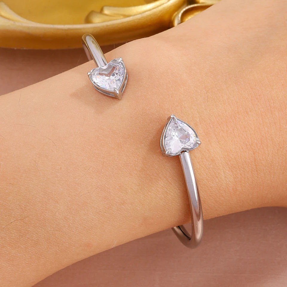 ZAKOL 3pcs/set 316 Stainless Steel Bracelets Shiny Heart Zircon Open Bangle Valentine's Day Stacked Wrist Jewelry Gifts
