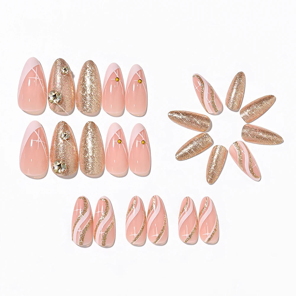 24pcs Glitter Medium Almond Full Cover Fake Nails Golden Irregular Line French False Nails with Diamond Design Press on Nails