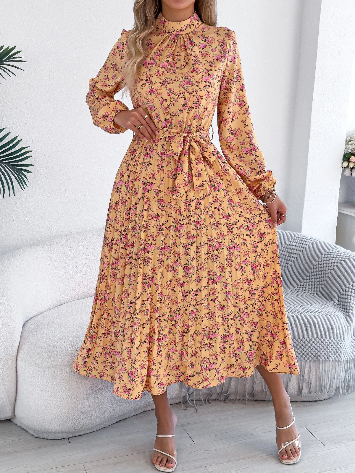 Floral Stand Up Collar Bridesmaid Dress 2026 Spring Autumn Elegant Long Sleeve Waist Cinching Pleated Dresses Woman Clothing