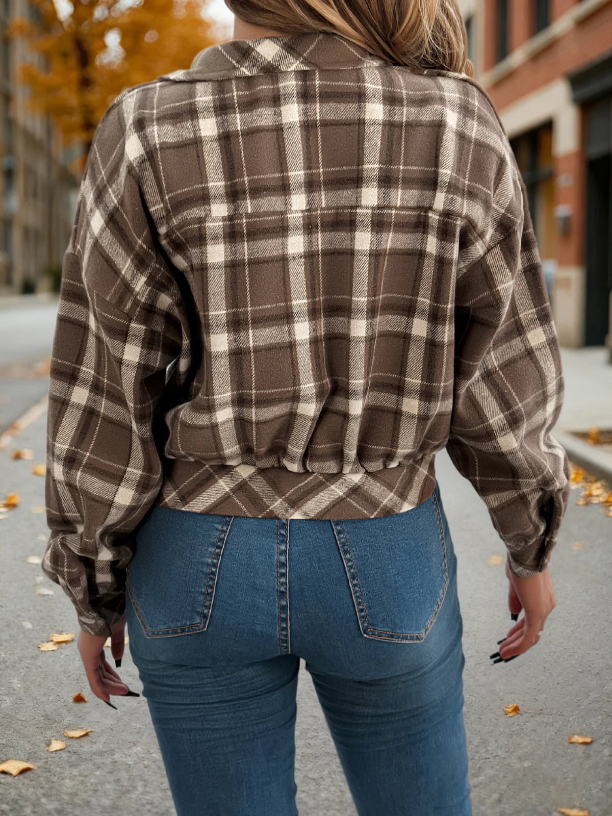 Autumn Winter Casual Plaid Cropped Jacket Lapel Lantern Long Sleeve Single Breasted Woolen Jacket 2026 Fashion Women Clothes