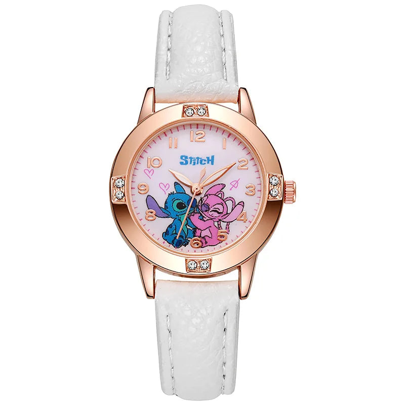 Fashion Cartoon Pattern Stitch Girls Watches Kids Leather Strap Children Watch with Rhinestone Dial reloj stich Exquisite Gift
