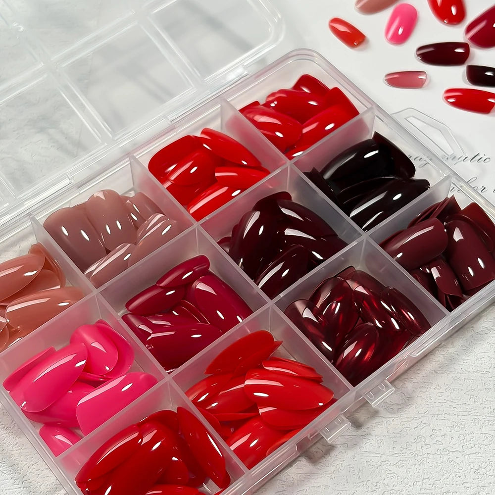 288Pcs Short Almond Full Cover Fake Nail Tips Extensions Red/Nude/Pink Stiletto False Nails for Women DIY Wearable Press on Nail