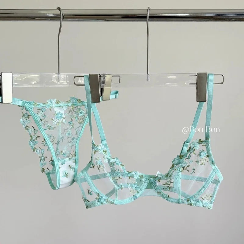 French Sheer Floral Sensual Lingerie Set Ultra Thin See Through Bralette with Soft Or Women Large Bust Support S-XL 32-38 MOYISU