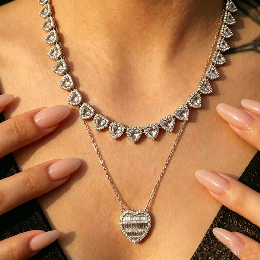 ZAKOL 2pcs/set 45CM Shiny Heart Rhinestone Hop Tennis Chain Stacked Necklace Unisex Fashion Goth Rock Hippie Choker Jewelry