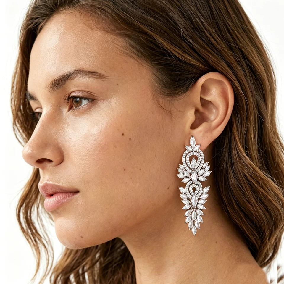 ZAKOL Luxury Leaf Marquise Zircon Long Drop Dangle Earrings Shiny Zirconia Bridal Women's Wedding Party Jewelry Accessories