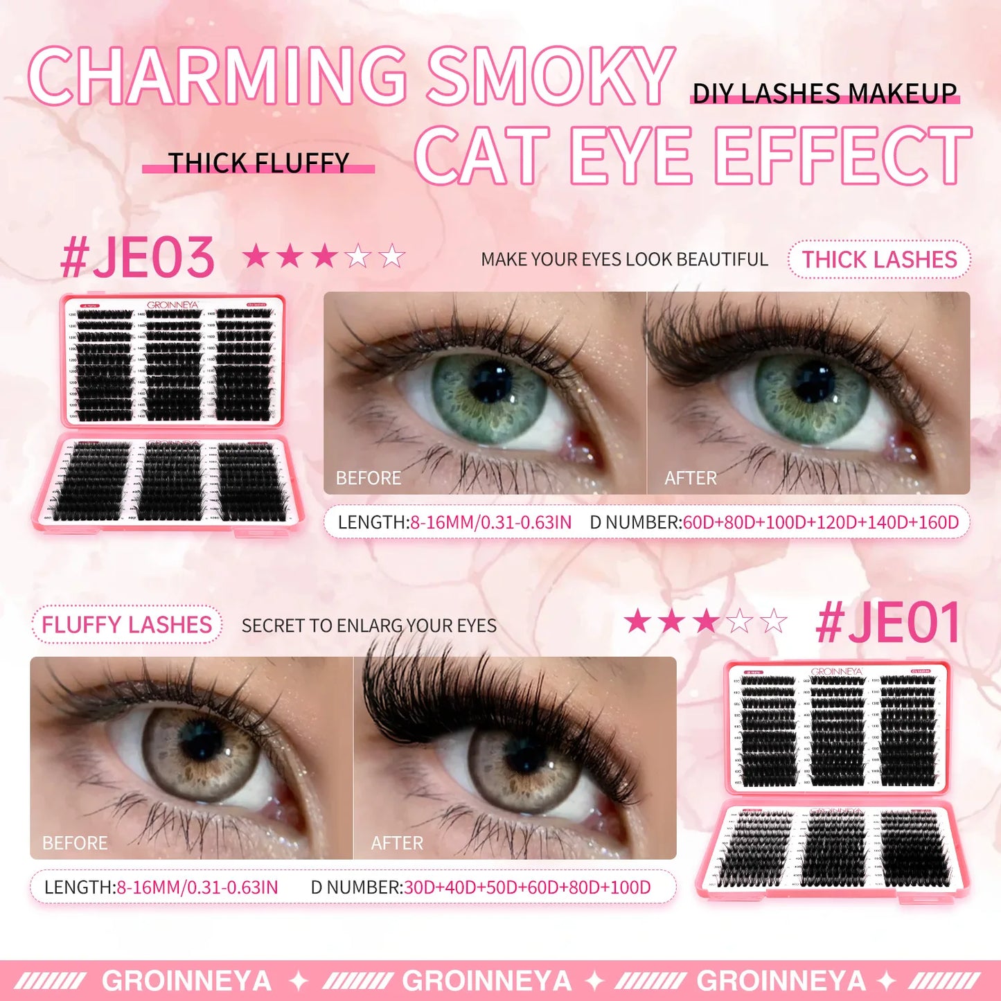 GROINNEYA DIY Cluster Lash Extensions – Fluffy Cat Eye Lashes