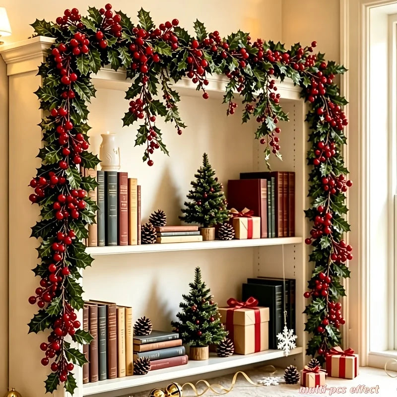 4Pcs 100cm Artificial Holly Berry Garland, Bendable Green Holly Leaf Red Berry Vine, Christmas Mantel Arch Stair Hanging Rattan