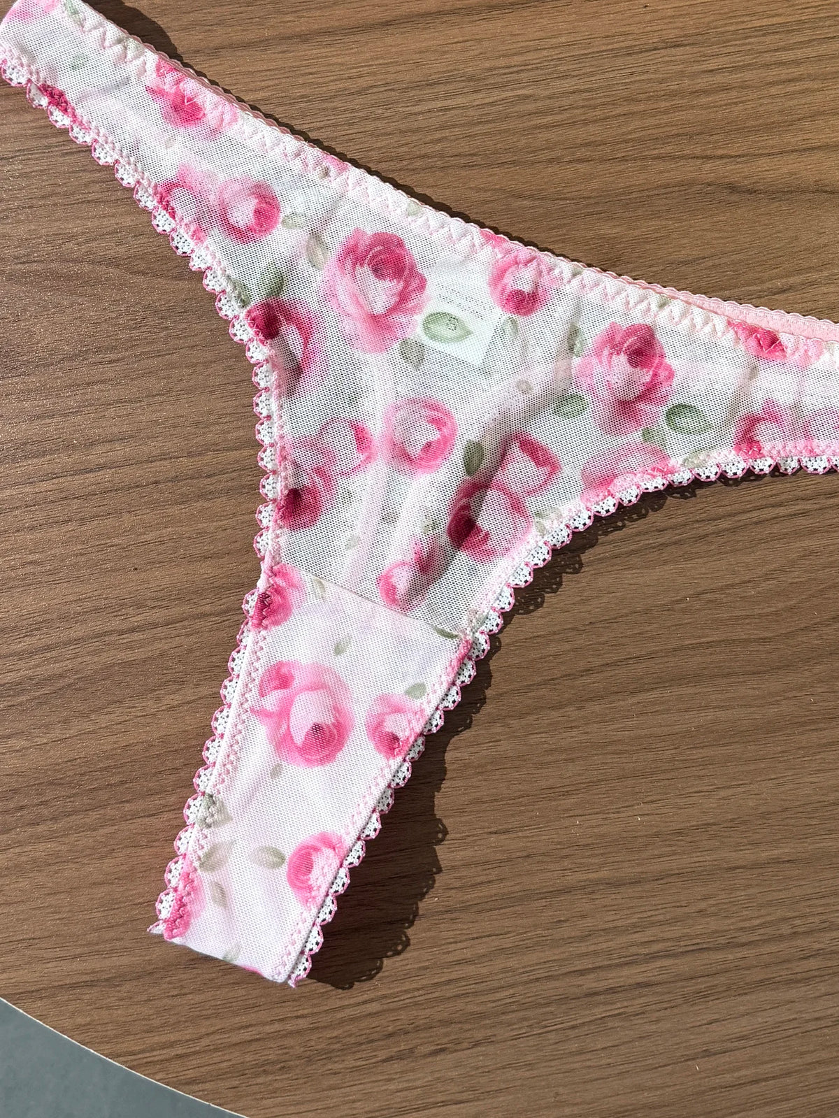 Pink Rose Print Lace Underwear Set French Romantic Style Bra + Briefs Thin Breathable Mesh Sexy Two-Piece Set