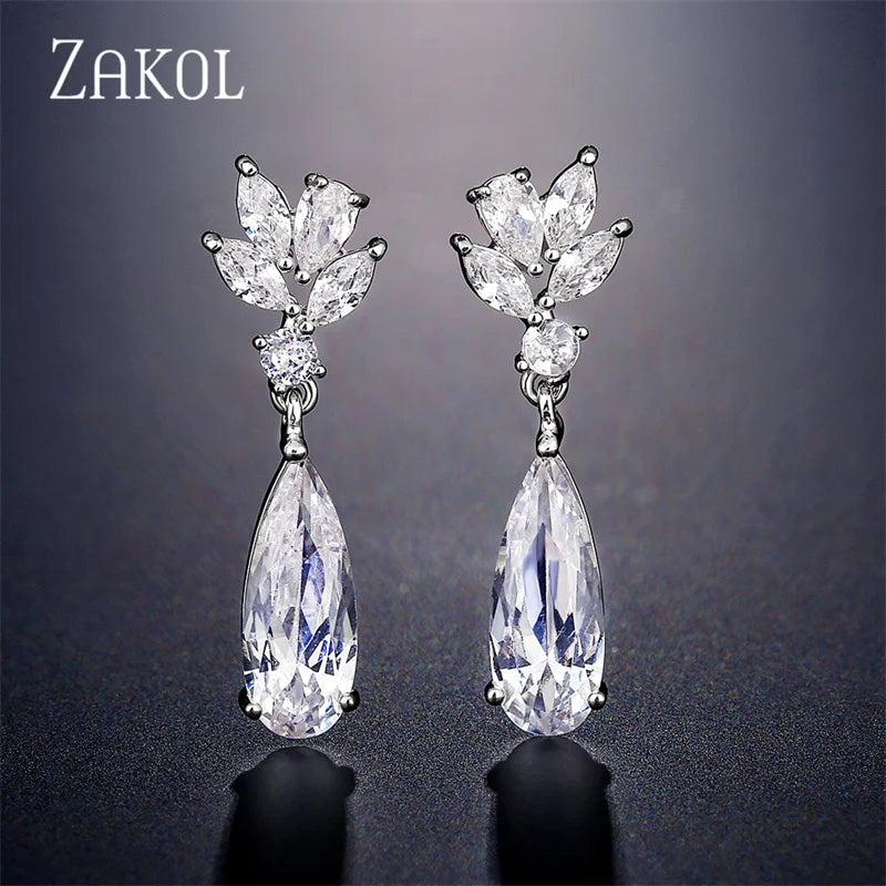 ZAKOL White Zircon Leaf Dangle Earrings for Women Shinny Water Drop Crystal Flower Pendant Earring Bridal Wedding Jewelry