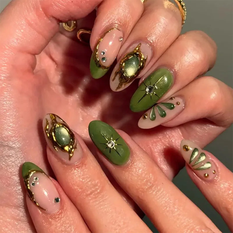 24Pcs French Flowers Pattern Almond Simple False Nails Set with Gloden Stripes Designs Detachable Finished Nails with Jelly Glue