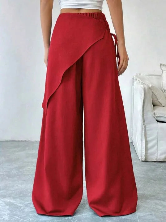 Elegant Irregular Suit Pants for Women High Waist Loose Wide Leg Pants Asymmetrical Lace Up Trousers Elastic Waist Casual Pants