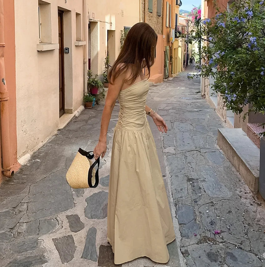 BKLD Sexy Pure Cotton Slim Fit Pleated Sleeveless Dress Clothes For Women Solid Color Fashion Elegant Strapless Evening Dress