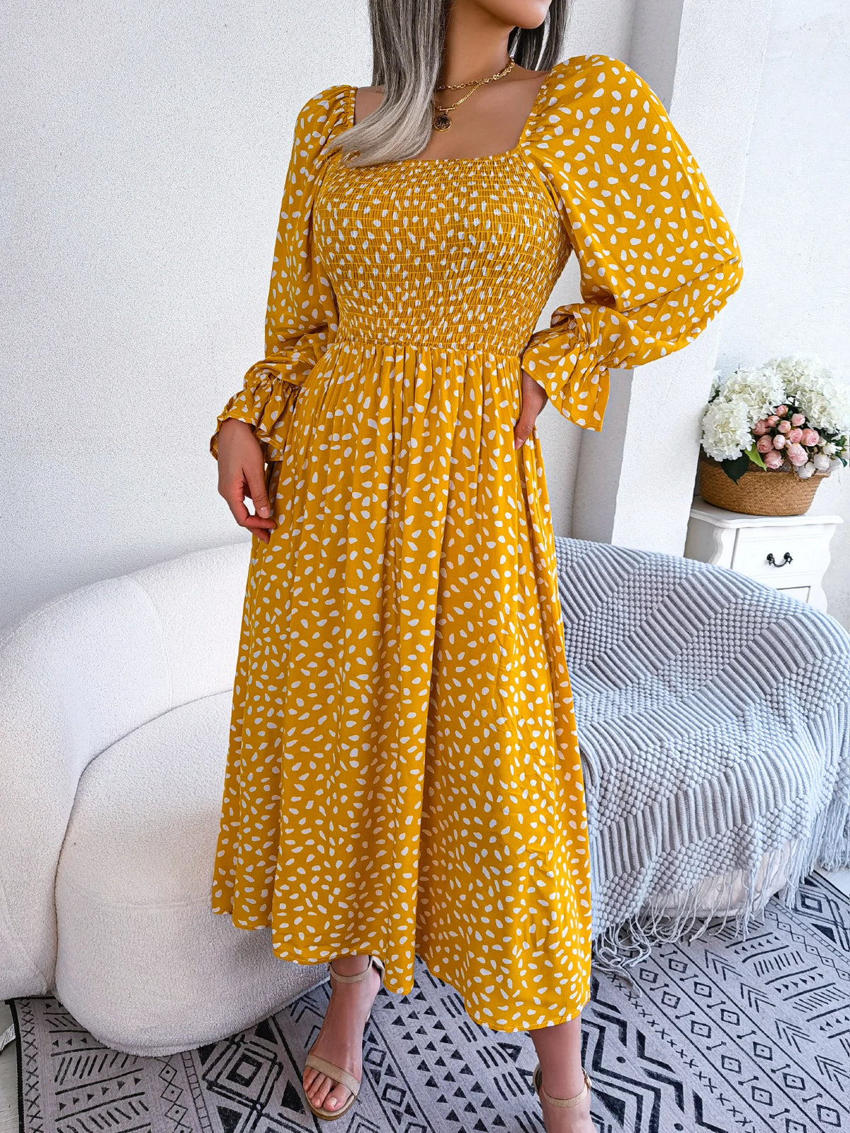 Spring Autumn Women's Elegant Polka Dot Square Neck Flare Long Sleeve Slim Waist Floral Dress Yellow Pink Red Woman Clothing
