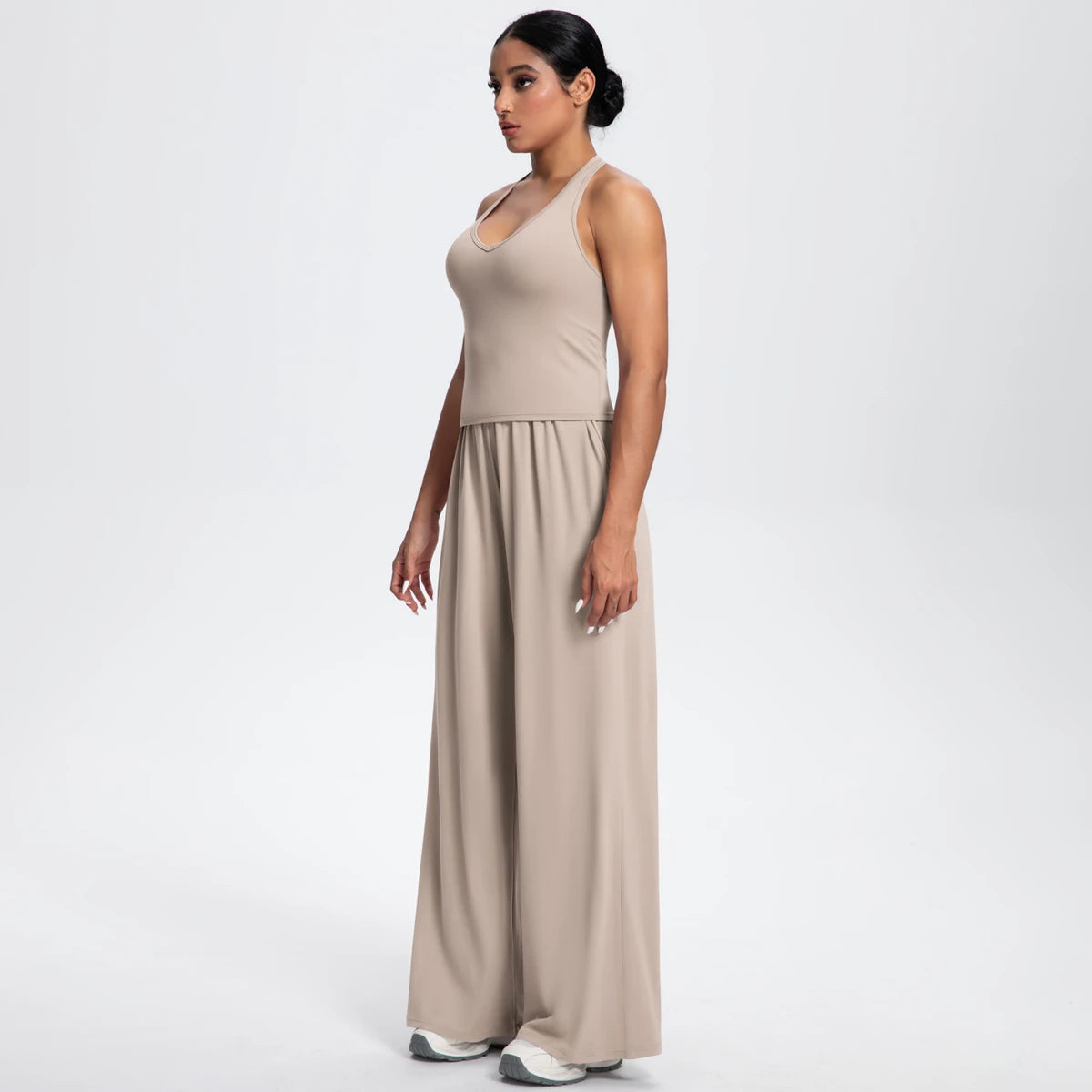 Breathable Loose Wide Leg Pants and Yoga Vest Set Solid Color High Stretch Pockets Pants Beautiful Back T-shaped Vest Yoga Suit