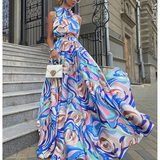 BKLD 2026 Autumn New Women French Sleeveless Long Dresses Chiffon Strap Blue High Waist Temperament Printed Dress Party Clubwear